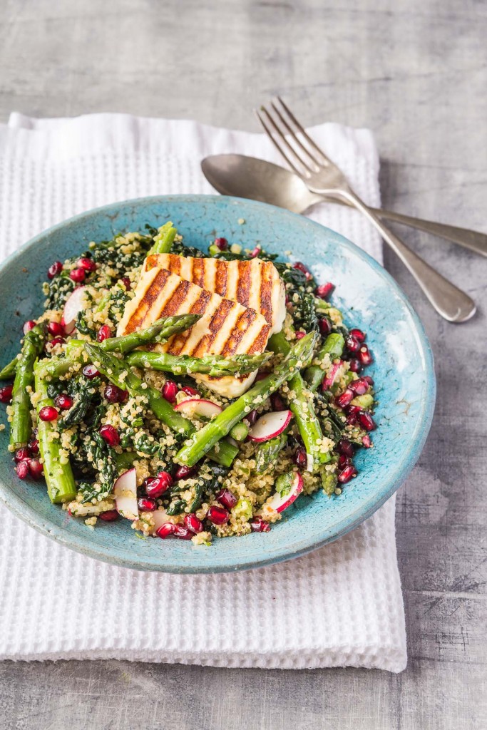 Quinoa ‘tabbouleh’ with asparagus, halloumi, kale, pomegranate and fresh herbs