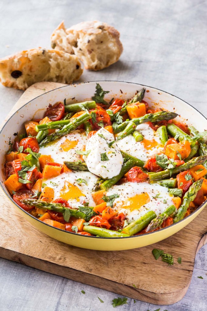 British asparagus, sweet potato and tomato shakshouka British Asparagus