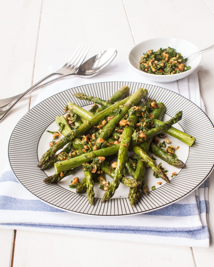 Vegan Roasted British asparagus with hazelnut gremolata British Asparagus