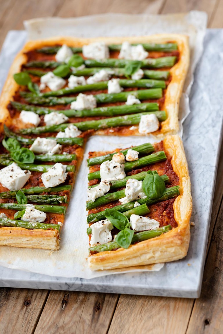 British asparagus, tomato and goats cheese tart British Asparagus